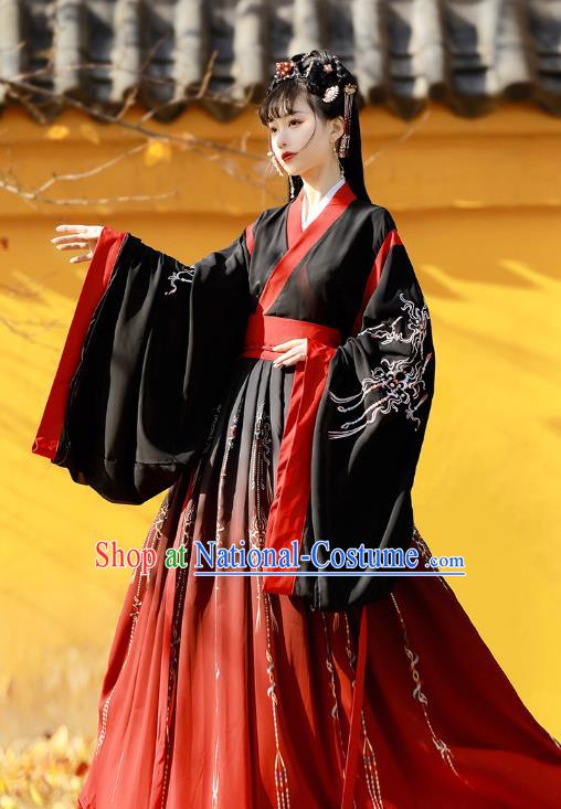 Traditional Chinese Jin Dynasty Patrician Lady Black Hanfu Dress Ancient Royal Princess Embroidered Costumes for Women