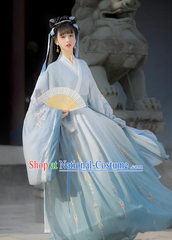 Traditional Chinese Jin Dynasty Blue Hanfu Dress Ancient Palace Princess Costumes for Women