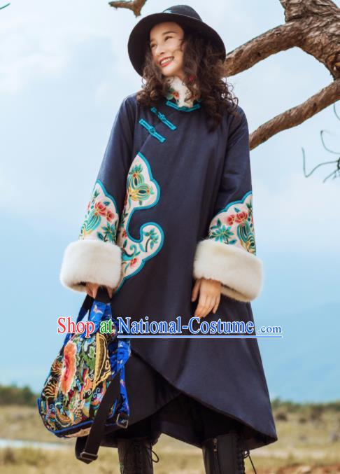 Chinese Traditional Winter Embroidered Navy Dust Coat National Tang Suit Overcoat Costumes for Women