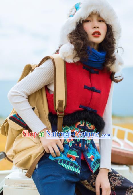 Chinese Traditional Embroidered Red Vest National Upper Outer Garment Tang Suit Waistcoat Costume for Women