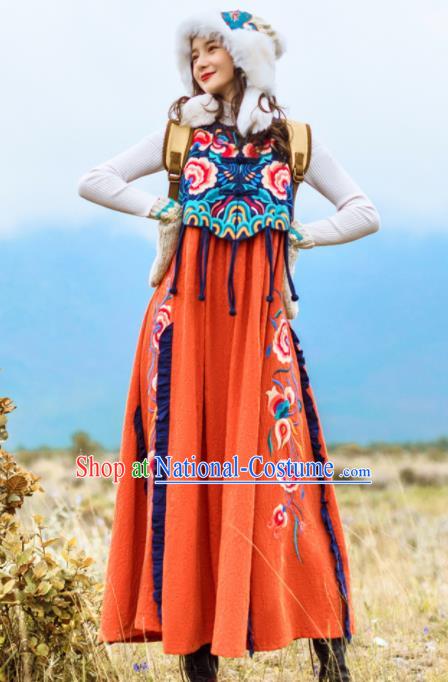 Chinese Traditional Embroidered Orange Vest Dress National Tang Suit Costumes for Women