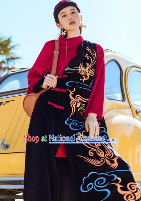 Chinese Traditional Embroidered Cloud Black Qipao Dress National Tang Suit Costumes for Women