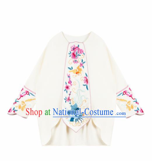 Chinese Traditional Embroidered White Blouse National Upper Outer Garment Tang Suit Shirt Costume for Women