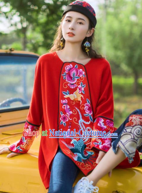 Chinese Traditional Embroidered Red Blouse National Upper Outer Garment Tang Suit Shirt Costume for Women