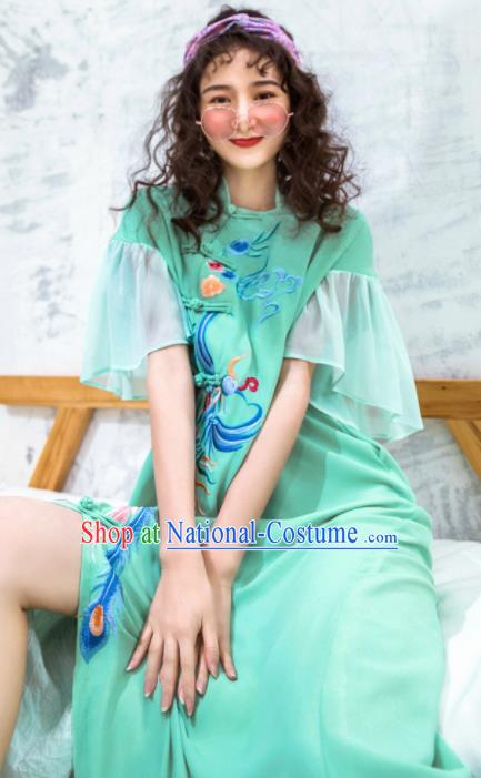 Chinese Traditional Embroidered Phoenix Peony Green Qipao Dress National Tang Suit Cheongsam Costumes for Women