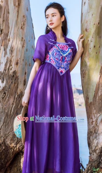 Chinese Traditional Embroidered Peony Purple Qipao Dress National Tang Suit Cheongsam Costumes for Women