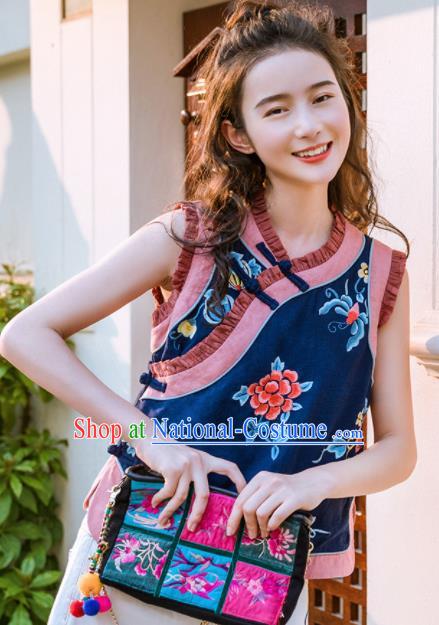 Chinese Traditional Embroidered Peony Navy Vest National Upper Outer Garment Tang Suit Waistcoat Costume for Women