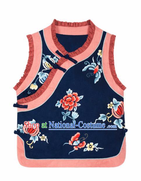 Chinese Traditional Embroidered Peony Navy Vest National Upper Outer Garment Tang Suit Waistcoat Costume for Women