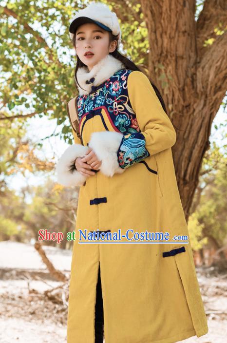 Chinese Traditional Winter Embroidered Yellow Cotton Padded Coat National Tang Suit Overcoat Costumes for Women