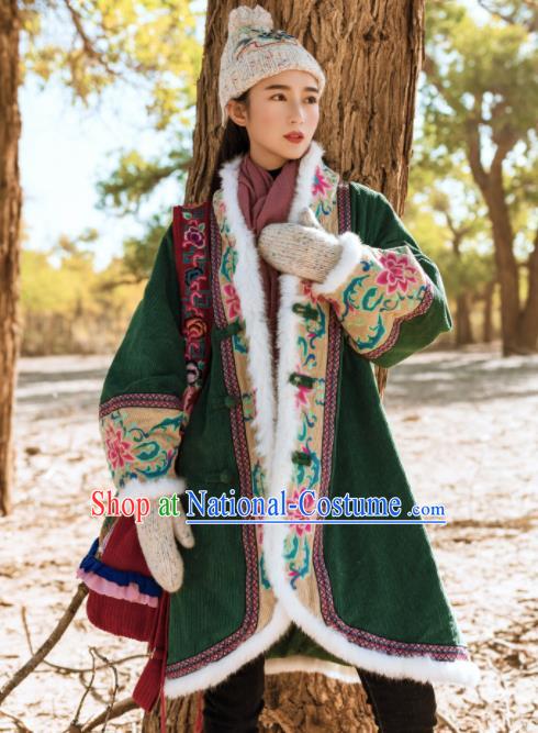 Chinese Traditional Winter Embroidered Green Cotton Padded Coat National Tang Suit Overcoat Costumes for Women