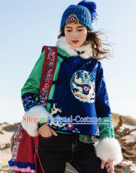 Chinese Traditional Winter Embroidered Blue Cotton Padded Jacket National Tang Suit Overcoat Costumes for Women