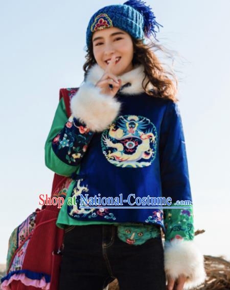 Chinese Traditional Winter Embroidered Blue Cotton Padded Jacket National Tang Suit Overcoat Costumes for Women