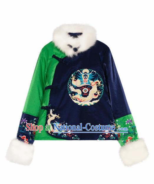 Chinese Traditional Winter Embroidered Blue Cotton Padded Jacket National Tang Suit Overcoat Costumes for Women