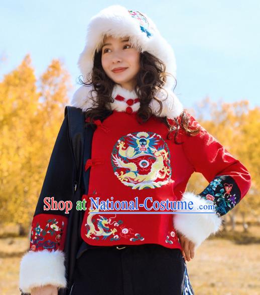 Chinese Traditional Winter Embroidered Red Cotton Padded Jacket National Tang Suit Overcoat Costumes for Women