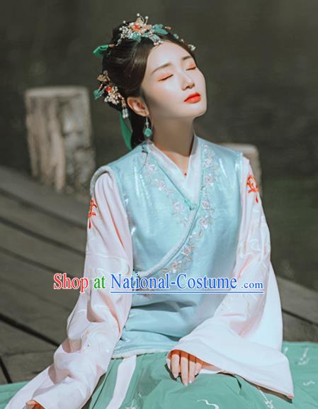 Chinese Traditional Embroidered Blue Vest National Upper Outer Garment Tang Suit Costume for Women