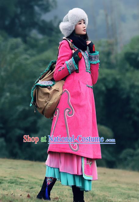 Chinese Traditional Winter Embroidered Rosy Cotton Padded Coat National Tang Suit Overcoat Costumes for Women