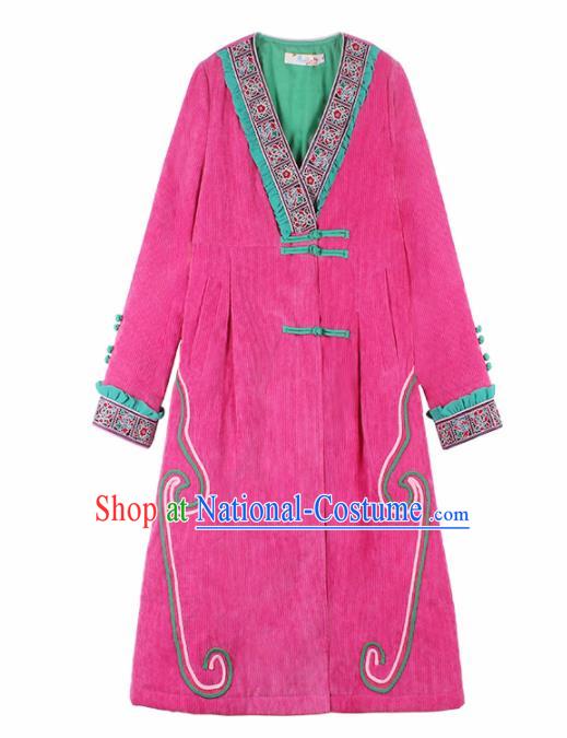 Chinese Traditional Winter Embroidered Rosy Cotton Padded Coat National Tang Suit Overcoat Costumes for Women