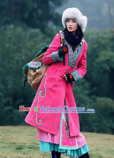 Chinese Traditional Winter Embroidered Rosy Cotton Padded Coat National Tang Suit Overcoat Costumes for Women