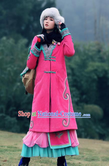 Chinese Traditional Winter Embroidered Rosy Cotton Padded Coat National Tang Suit Overcoat Costumes for Women