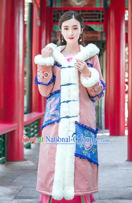 Chinese Traditional Winter Embroidered Hooded Pink Cotton Padded Coat National Tang Suit Overcoat Costumes for Women