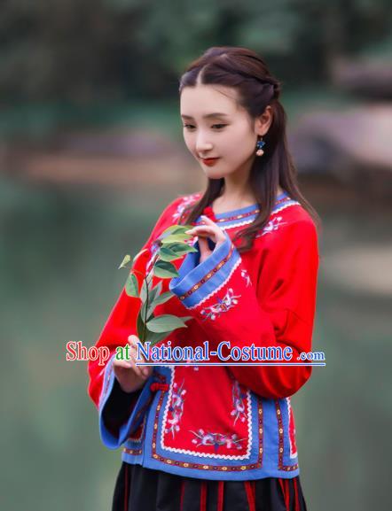 Chinese Traditional Embroidered Red Shirt National Upper Outer Garment Tang Suit Costume for Women