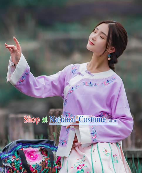 Chinese Traditional Embroidered Lilac Shirt National Upper Outer Garment Tang Suit Costume for Women