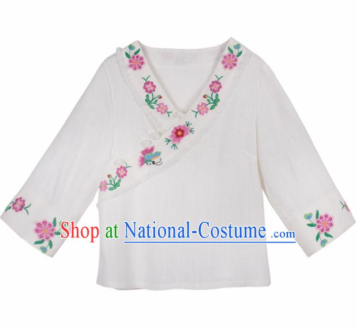 Chinese Traditional Embroidered White Shirt National Upper Outer Garment Tang Suit Costume for Women