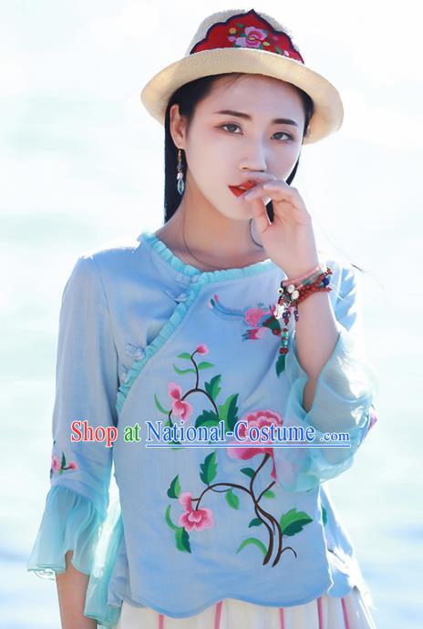 Chinese Traditional Embroidered Peony Blue Shirt National Upper Outer Garment Tang Suit Costume for Women