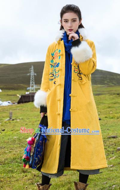 Chinese Traditional Winter Embroidered Yellow Cotton Padded Dust Coat National Tang Suit Overcoat Costumes for Women