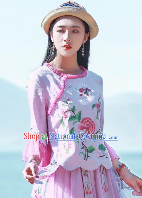 Chinese Traditional Embroidered Peony Pink Shirt National Upper Outer Garment Tang Suit Costume for Women