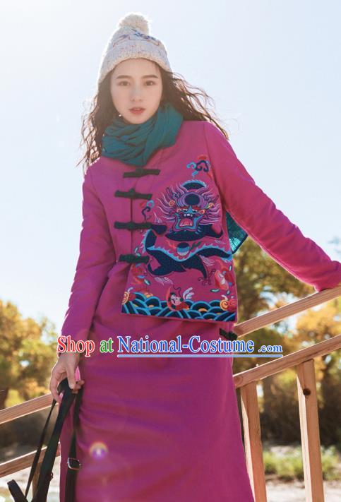 Chinese Traditional Winter Embroidered Rosy Cotton Padded Dust Coat National Tang Suit Overcoat Costumes for Women