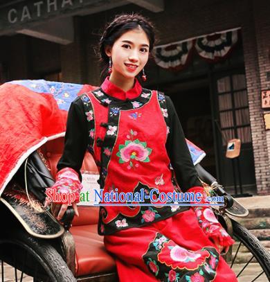 Chinese Traditional Embroidered Red Vest National Upper Outer Garment Tang Suit Costume for Women