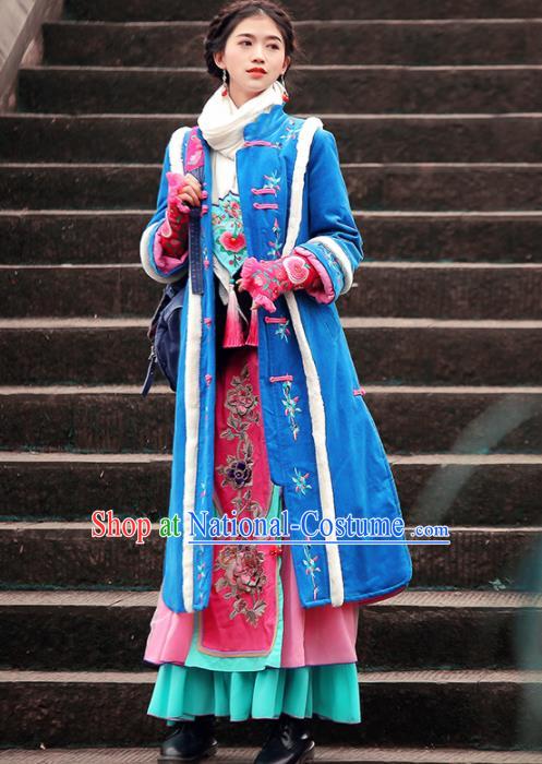 Chinese Traditional Winter Embroidered Blue Corduroy Cotton Padded Coat National Tang Suit Overcoat Costumes for Women