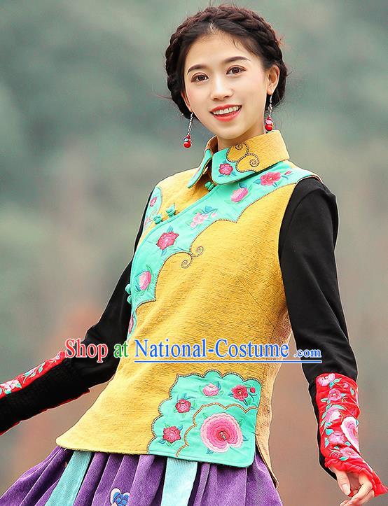 Chinese Traditional Embroidered Yellow Vest National Upper Outer Garment Tang Suit Costume for Women