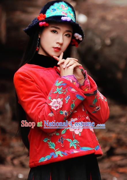 Chinese Traditional Winter Embroidered Red Cotton Padded Jacket National Tang Suit Overcoat Costumes for Women