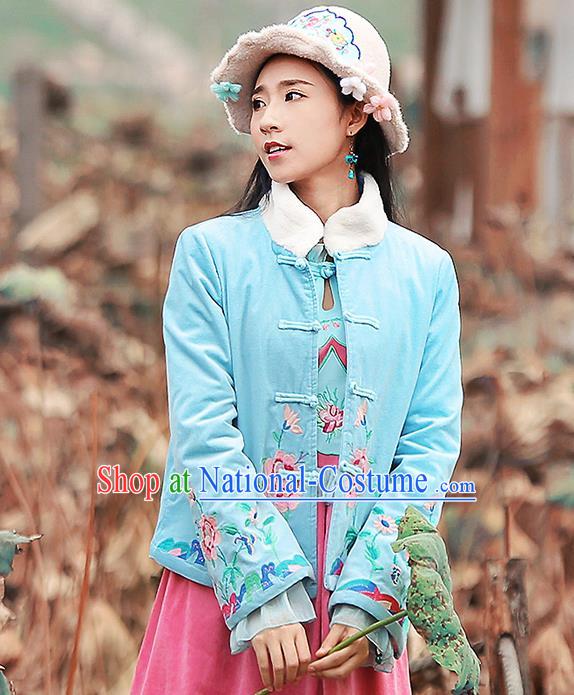 Chinese Traditional Winter Embroidered Blue Cotton Padded Jacket National Tang Suit Overcoat Costumes for Women