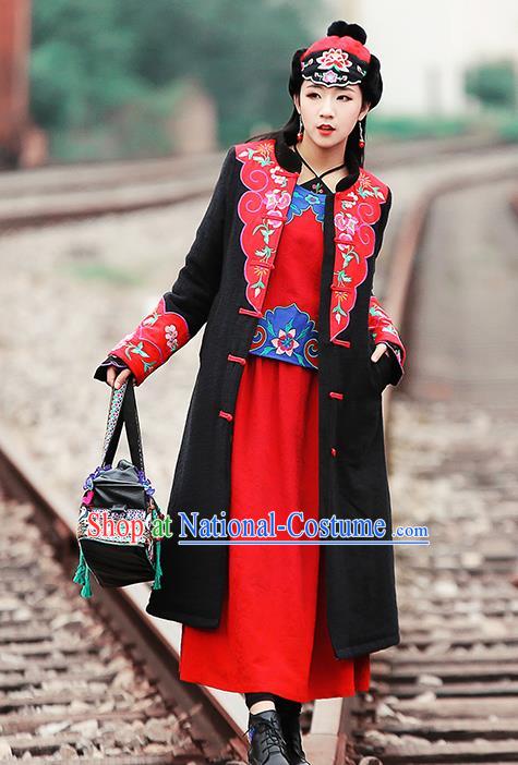 Chinese Traditional Winter Embroidered Black Cotton Padded Coat National Tang Suit Overcoat Costumes for Women