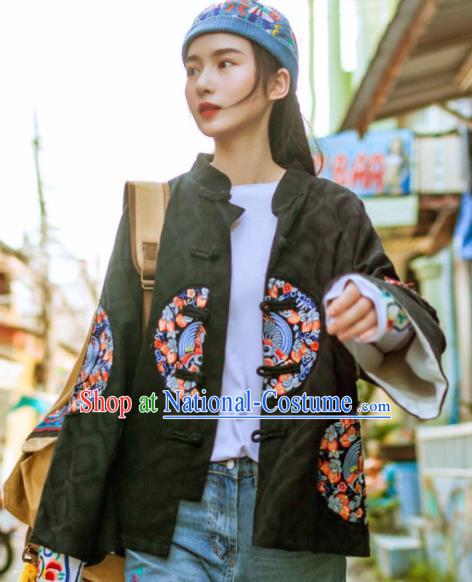 Chinese Traditional Winter Embroidered Black Jacket National Tang Suit Overcoat Costumes for Women