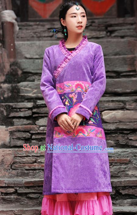 Chinese Traditional Winter Embroidered Purple Cotton Padded Coat National Tang Suit Overcoat Costumes for Women