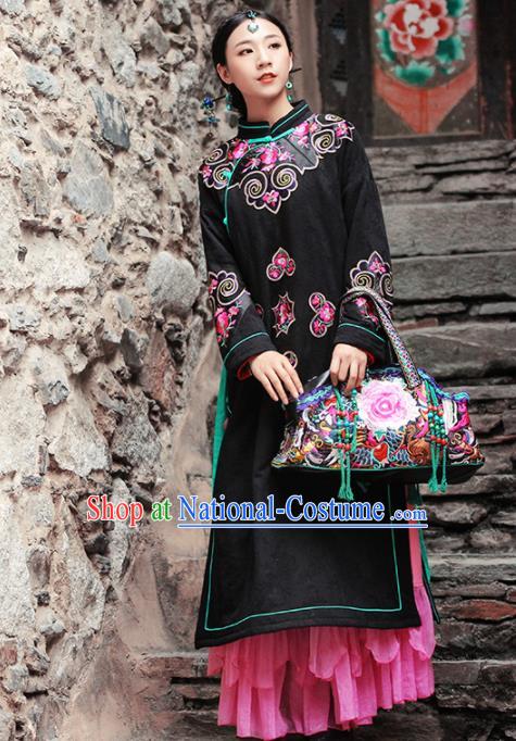 Chinese Traditional Winter Embroidered Black Cotton Padded Coat National Tang Suit Overcoat Costumes for Women