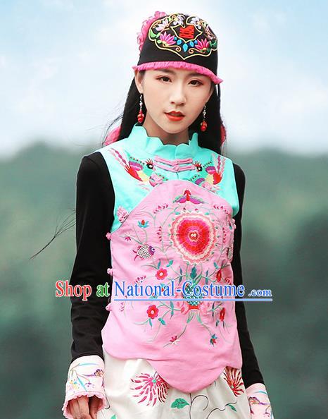 Chinese Traditional Embroidered Pink Waistcoat National Upper Outer Garment Tang Suit Costume for Women