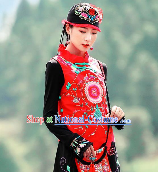 Chinese Traditional Embroidered Red Waistcoat National Upper Outer Garment Tang Suit Costume for Women