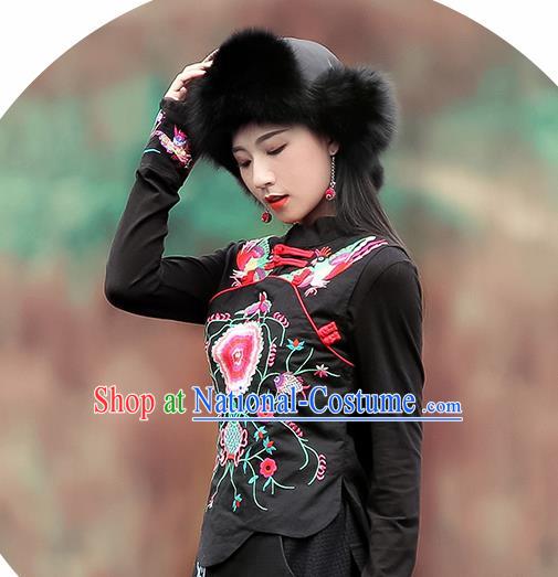 Chinese Traditional Embroidered Black Waistcoat National Upper Outer Garment Tang Suit Costume for Women