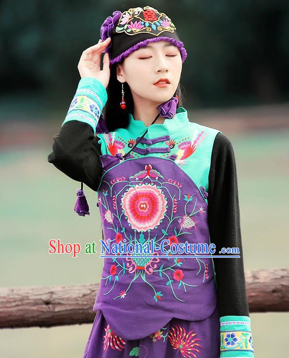 Chinese Traditional Embroidered Purple Waistcoat National Upper Outer Garment Tang Suit Costume for Women