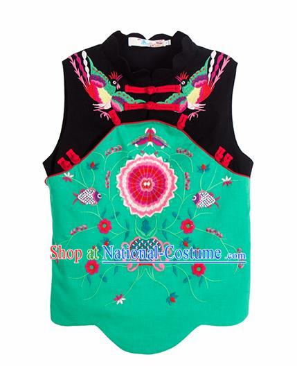 Chinese Traditional Embroidered Green Waistcoat National Upper Outer Garment Tang Suit Costume for Women