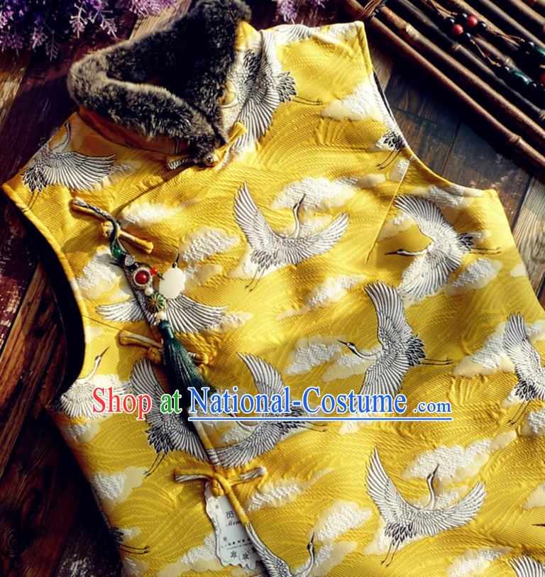 Chinese Traditional Embroidered Crane Yellow Waistcoat National Upper Outer Garment Tang Suit Vest Costume for Women