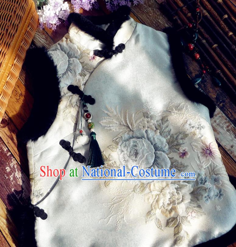 Chinese Traditional Embroidered White Waistcoat National Upper Outer Garment Tang Suit Vest Costume for Women