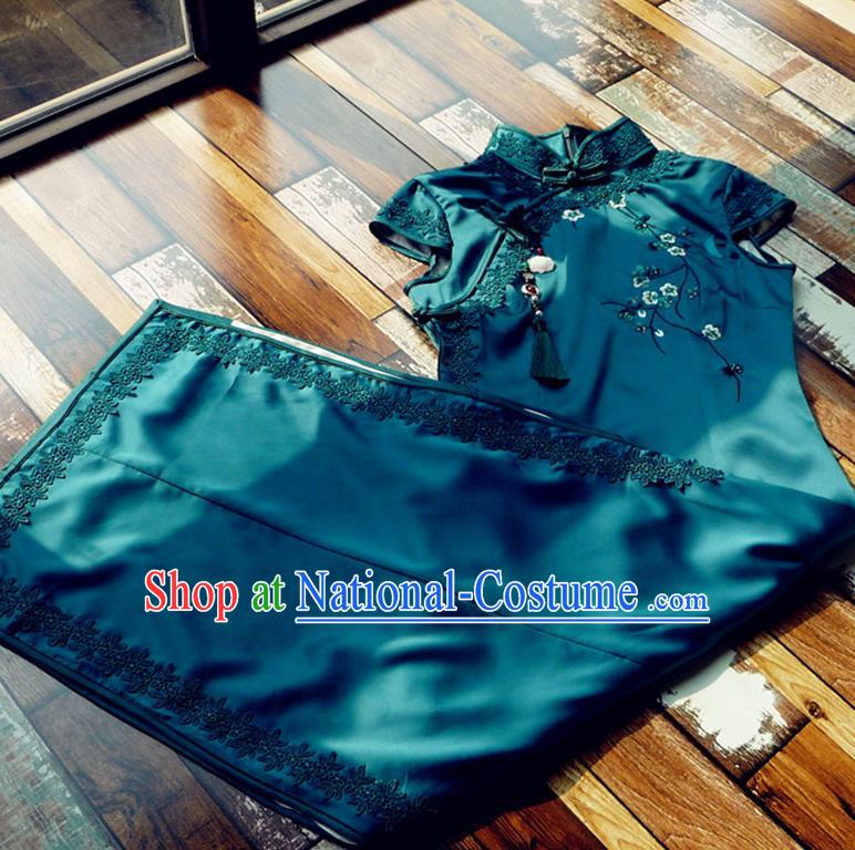 Chinese Traditional Embroidered Plum Deep Green Silk Qipao Dress National Tang Suit Cheongsam Costumes for Women