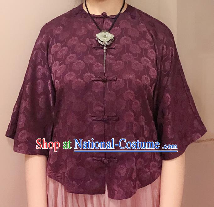 Chinese Traditional Jacquard Purple Shirt National Upper Outer Garment Tang Suit Blouse Costume for Women