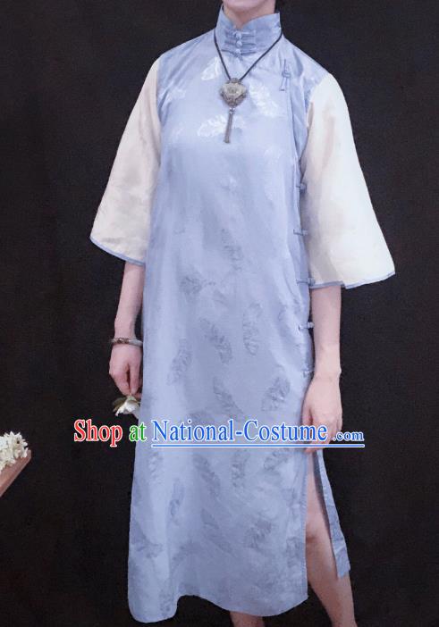 Chinese Traditional Jacquard Blue Qipao Dress National Tang Suit Cheongsam Costumes for Women